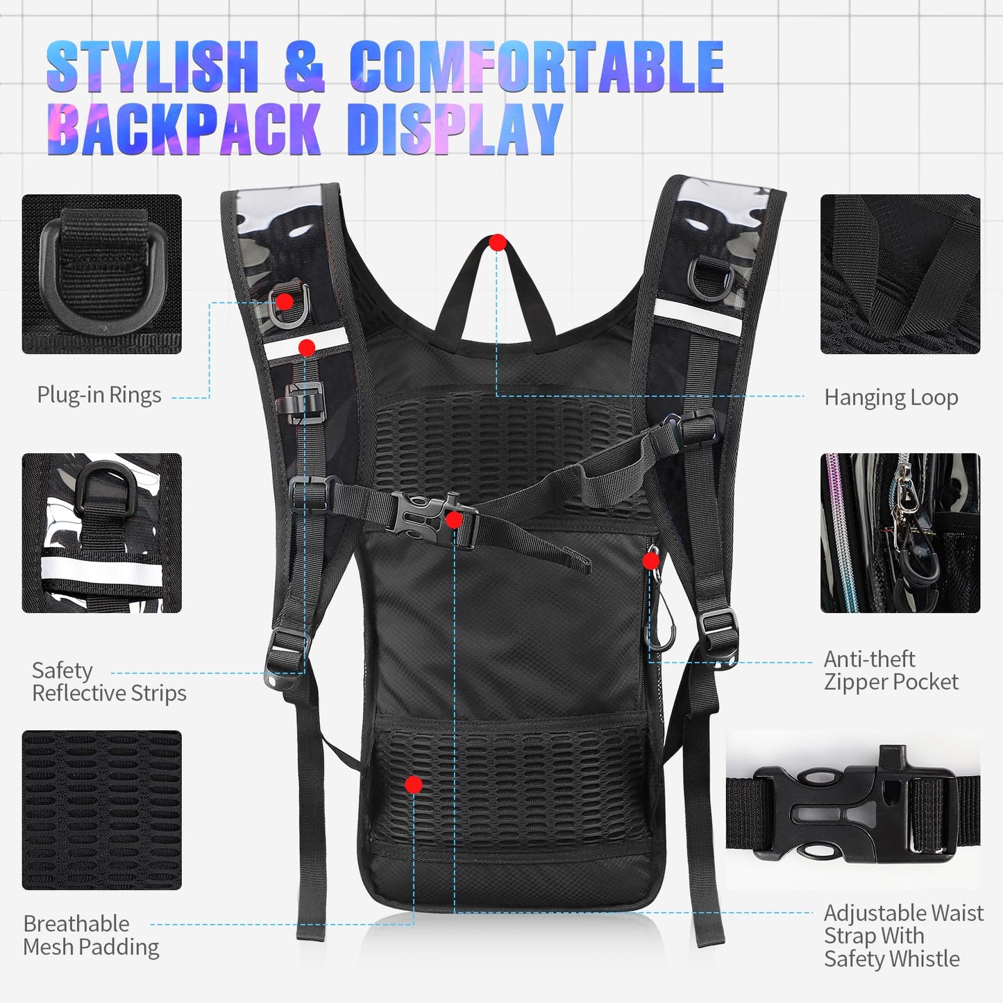 Niggeey Hydration Backpack, Festival Rave Hydration Pack, Clear Water Backpack with 2L Hydration Bladder, Rave Backpack Hydration Pack Hydropack Hydro for Hiking, Festivals, Raves