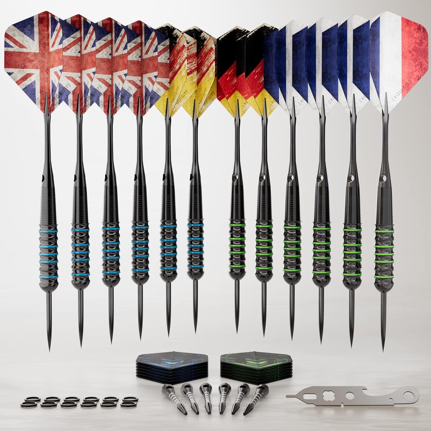 CC-Exquisite Darts Set - Professional 12 X 20/22g Metal Tip Darts with 24 Flights & 18 Aluminum Shafts