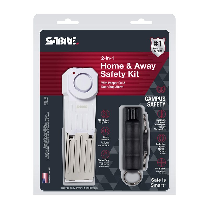 SABRE Home and Away Campus Safety Kit with Pepper Gel and Door Stop Alarm, 25 Bursts, 12-Feet (4-Meter) Range, Gel is Safer, 120dB Siren, Audible up to 1,000-Feet (300-Meters)
