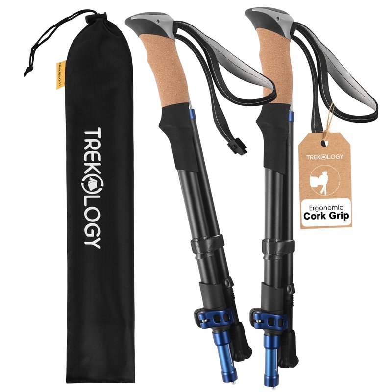 TREKOLOGY Hiking Poles with Real Cork Grips, Adjustable for Heights 5'2'' to 6'5'' – Lightweight Trekking Poles, Aircraft-Grade Aluminum, Compact Fold for Hiking & Backpacking (2pc Set) TREKZ Cork SE