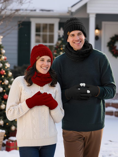 KUTTOR Winter Beanie Hat Scarf Gloves Set Warm Knit Fleece Touchscreen Gloves Neck Scarf Set Adult Winter Gift for Men Women
