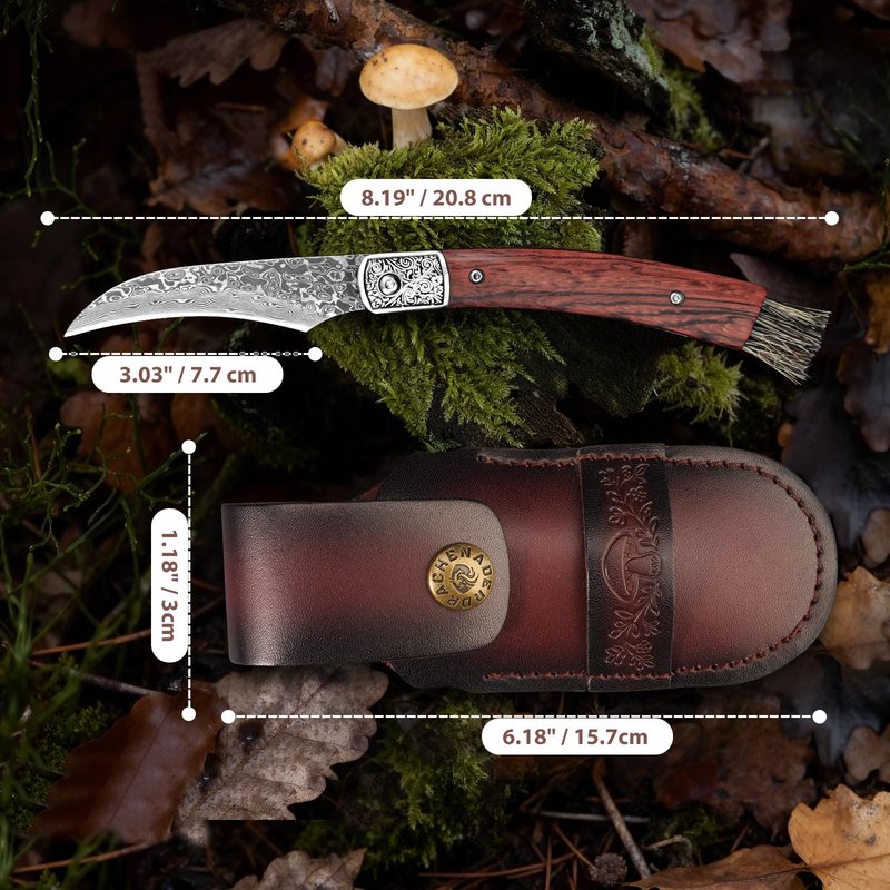 DRACHENADER Mushroom Knife with Brush, Folding Foraging Knife with VG10 Damascus Steel Blade, Curved Blade Mushroom Harvesting Knives with Leather Sheath for Camping