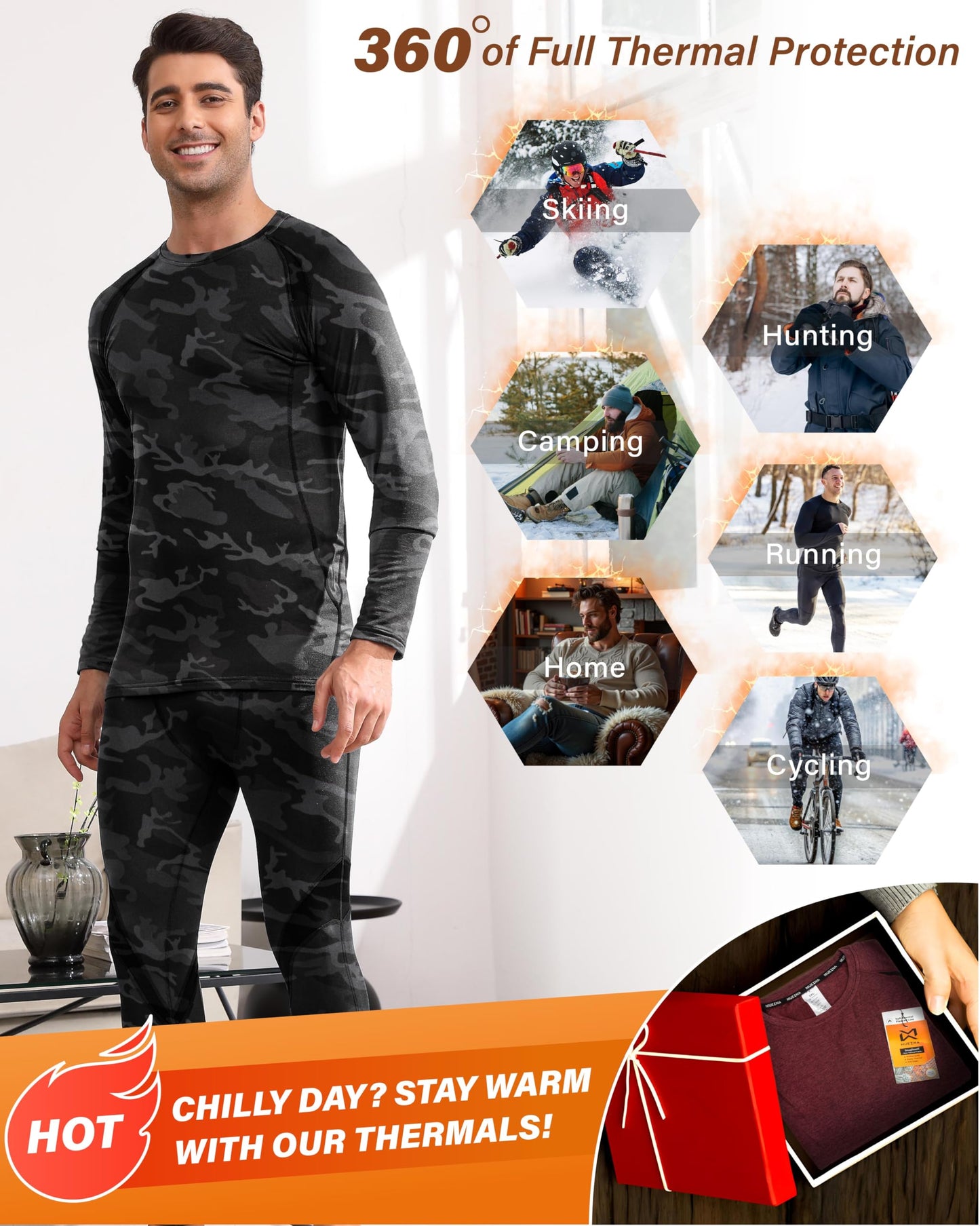 Muezna Men's Thermal Top and Bottom Set Underwear Long Johns Base Layer with Soft Fleece Lined - Grey Camo, Large