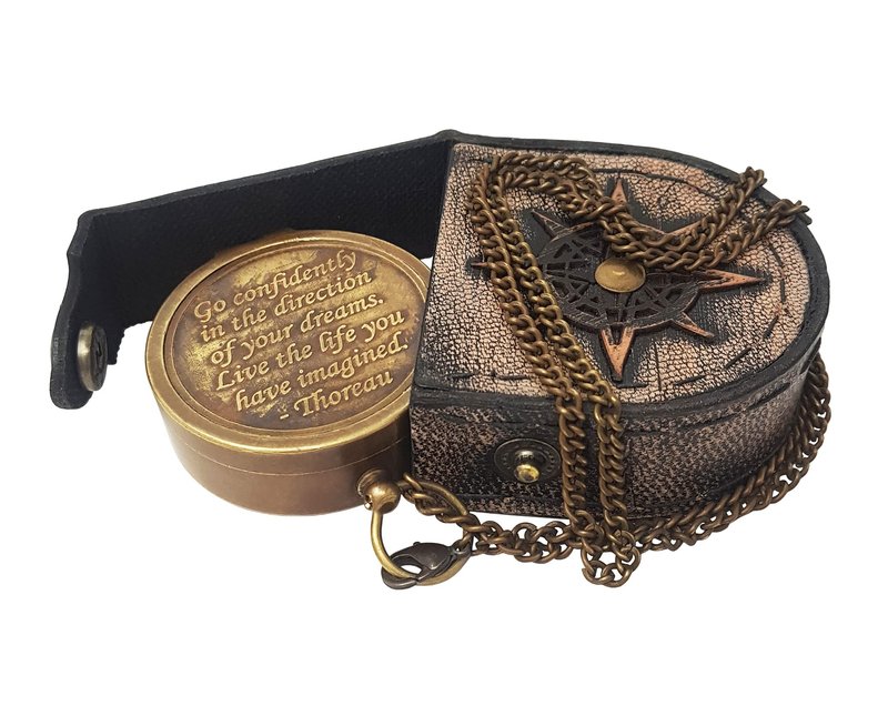Hanzla Collection - Brass Compass Engraved with Thoreau's Go Confidently Quote and Stamped Leather Case, Boys Gifts