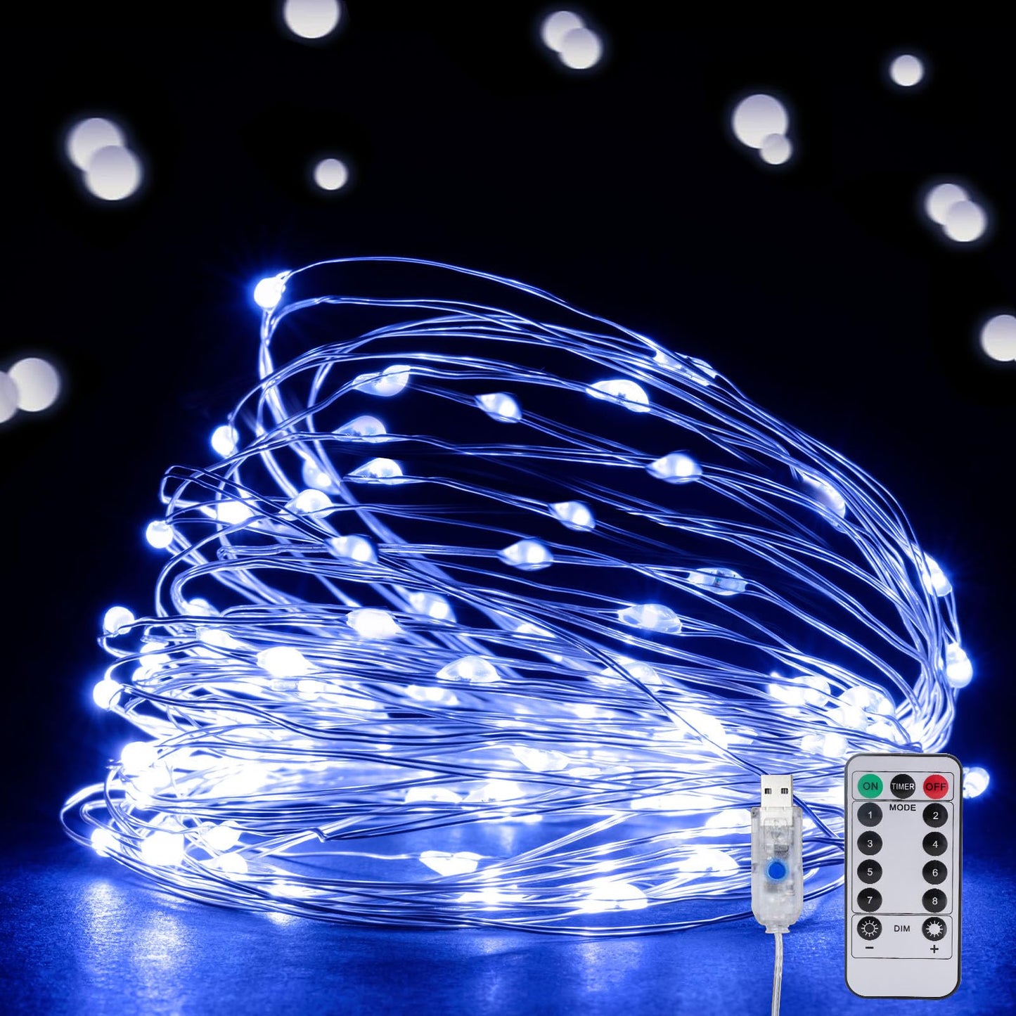 Ehome USB Fairy String Lights - 66 ft 200 LED Twinkle Lights with Remote, Timer & 8 Modes - Silver Wire, Waterproof, Indoor/Outdoor, DIY Party, Wedding - Blue
