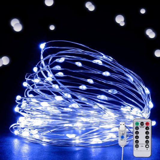 Ehome USB Fairy String Lights - 66 ft 200 LED Twinkle Lights with Remote, Timer & 8 Modes - Silver Wire, Waterproof, Indoor/Outdoor, DIY Party, Wedding - Blue