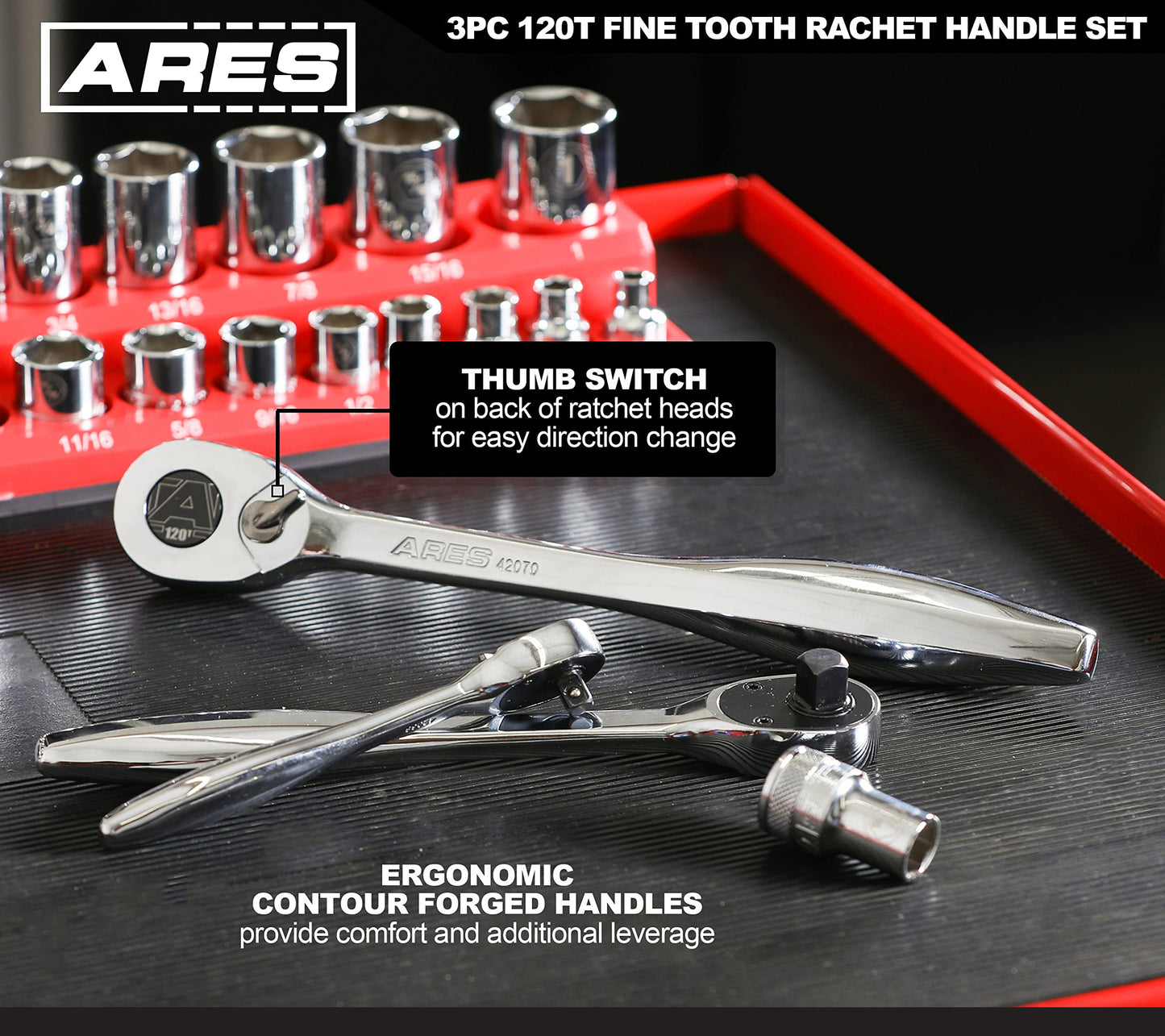 ARES 42067 – 120 Tooth Ratchet Set – 1/4-Inch, 3/8-Inch, and 1/2-Inch Drive - 3 Degree Swing Arc – Reversible Ratcheting Mechanism - Ergonomic Handle and Professional Gear Structure