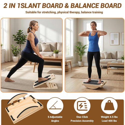 Grainly 2-in-1 Wooden Slant Board & Balance Board | Adjustable Incline Board for Calf Stretching, Squat Wedge, Ankle Support | Suitable for pain relief therapy and core strength training| Includes Workout Poster & Resistance Band