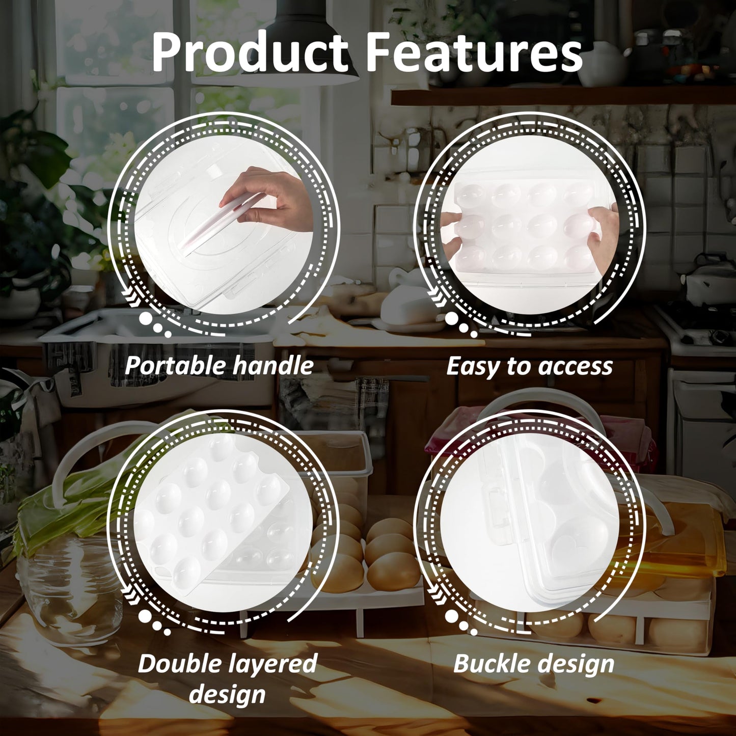 Daixers Ortable Large Capacity Double-layers Egg Storage Container Holds 24 Eggs Shatter-proof Non-slip Eggs Holder with Handle (White)