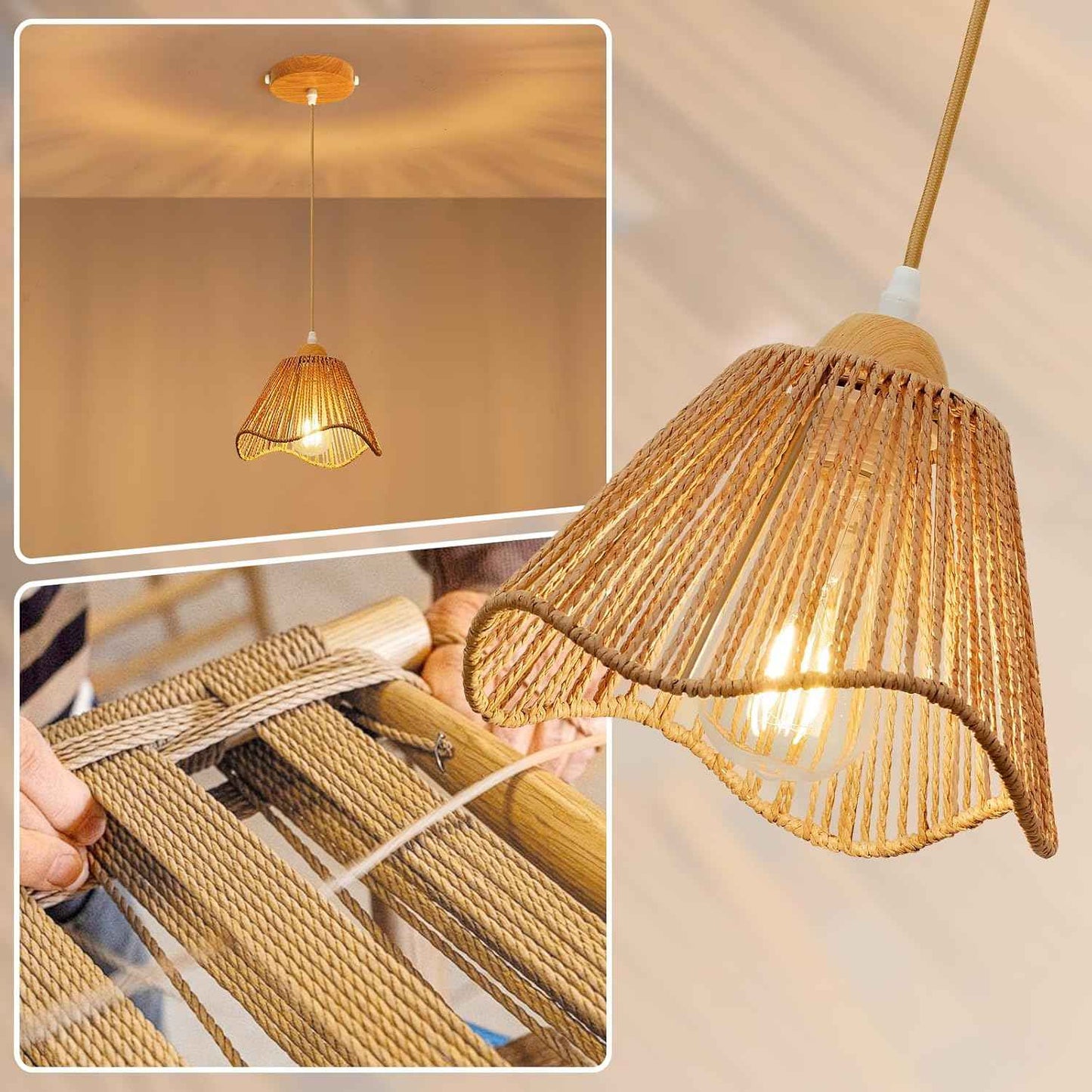 Rattan Chandelier Pendant Lights - 3 Pack Adjustable Height Boho Farmhouse Ceiling Fixtures for Kitchen & Dining Room