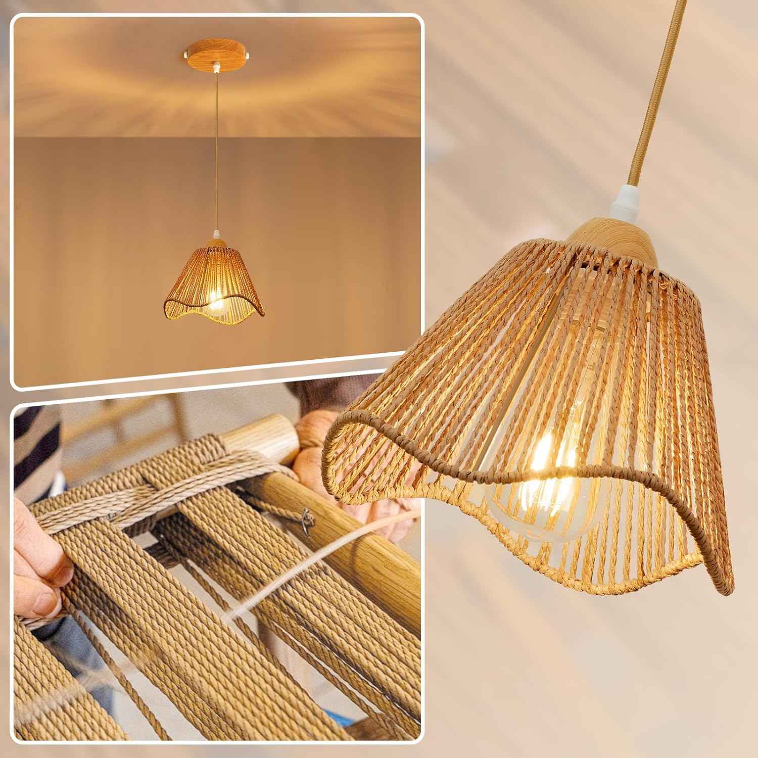 Rattan Chandelier Pendant Lights - 3 Pack Adjustable Height Boho Farmhouse Ceiling Fixtures for Kitchen & Dining Room
