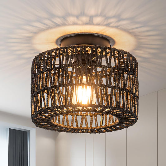 Bohemian Rattan Ceiling Light Fixture - 3-Light Woven Flush Mount for Bedroom & Living Room