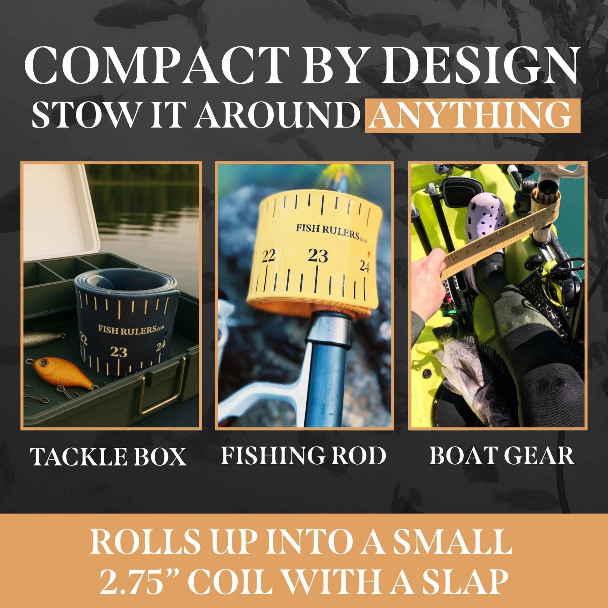 Fish Rulers Roll-up & Slap-on Premium Fishing Tape Measure - Easy-to-Read Catch and Release Fish Measuring Device for Boat & Kayak Accessories - Compact & Extendable Fish Ruler (Gold - 24" Inches)