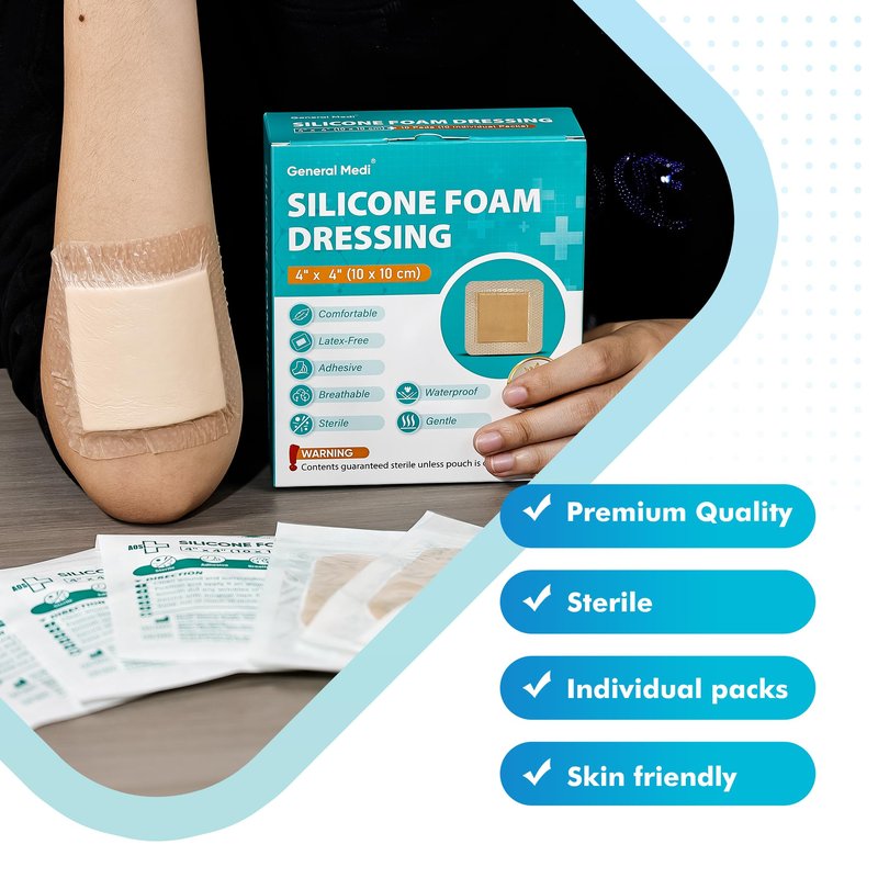 General Medi Waterproof Silicone Foam Island Dressing (10 Packs) – 4" x 4" Sterile Wound Care Pad with Adhesive Border - Sterile, Soft & Highly Absorbent Medical Grade Dressing Pad