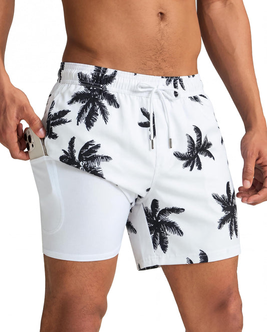 maamgic Mens Swim Trunks with Compression Liner 5 Inch, Quick Dry Bathing Suit with Zipper Pockets, Stretch No-Chafing Swim Shorts, White-Palm Tree Large