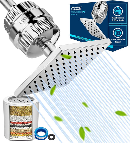 Filtered Rain Shower Head Combo - 20-Stage Hard Water Filter & Adjustable Chrome Showerhead