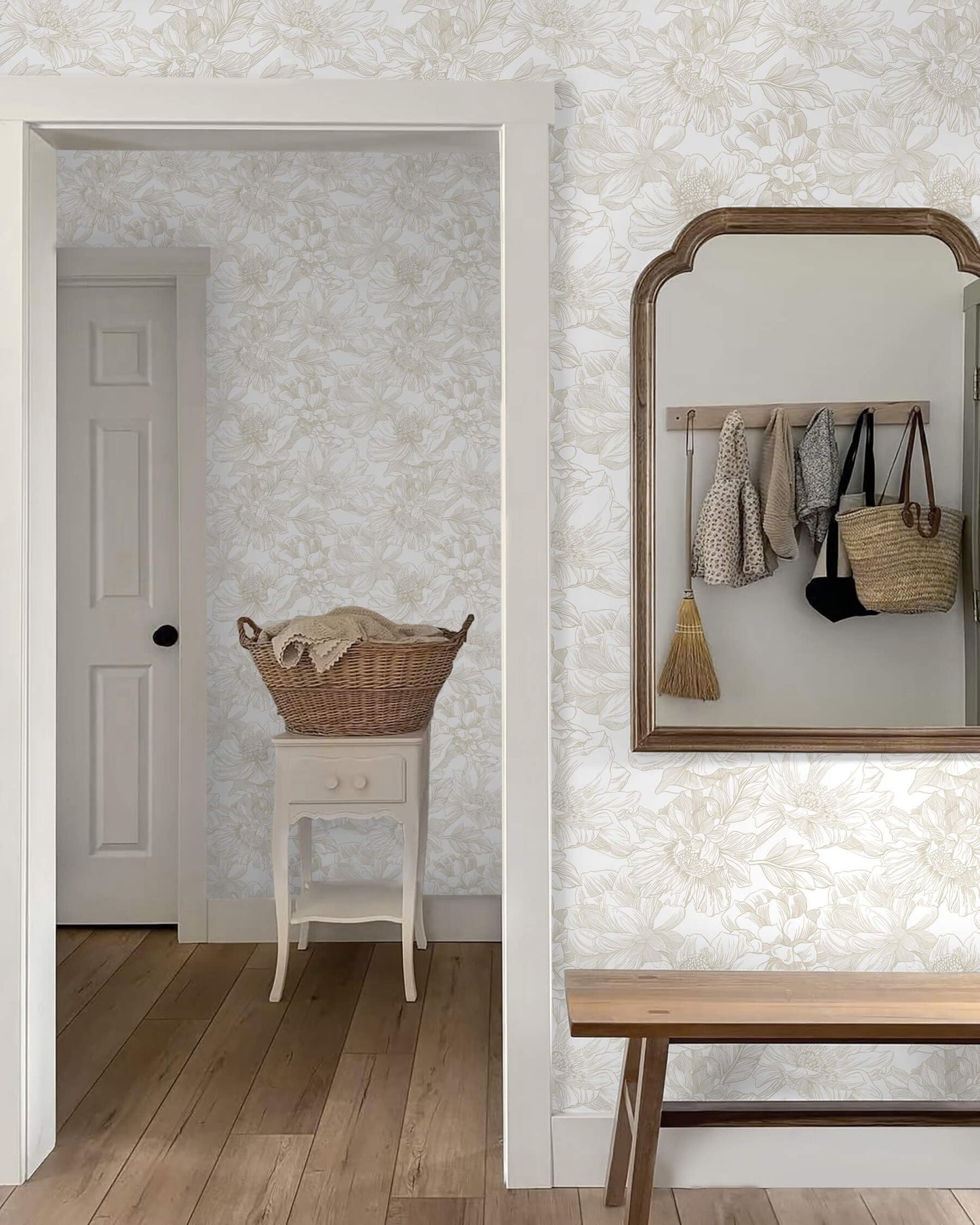 Ismoon Large Floral Peel and Stick Wallpaper Boho Beige Contact Paper 17.3inx6.5ft Neutral Wall Paper Removable Self Adhesive Wallpaper Bedroom Cabinet Bathroom Waterproof Mural Wall Decor Vinyl Roll