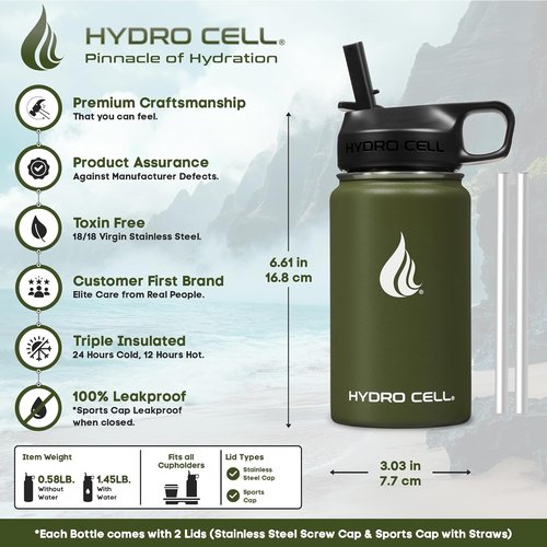 HYDRO CELL Stainless Steel Insulated Water Bottle - Leakproof Vacuum Flask for Hot & Cold Drinks | 14oz Army Green