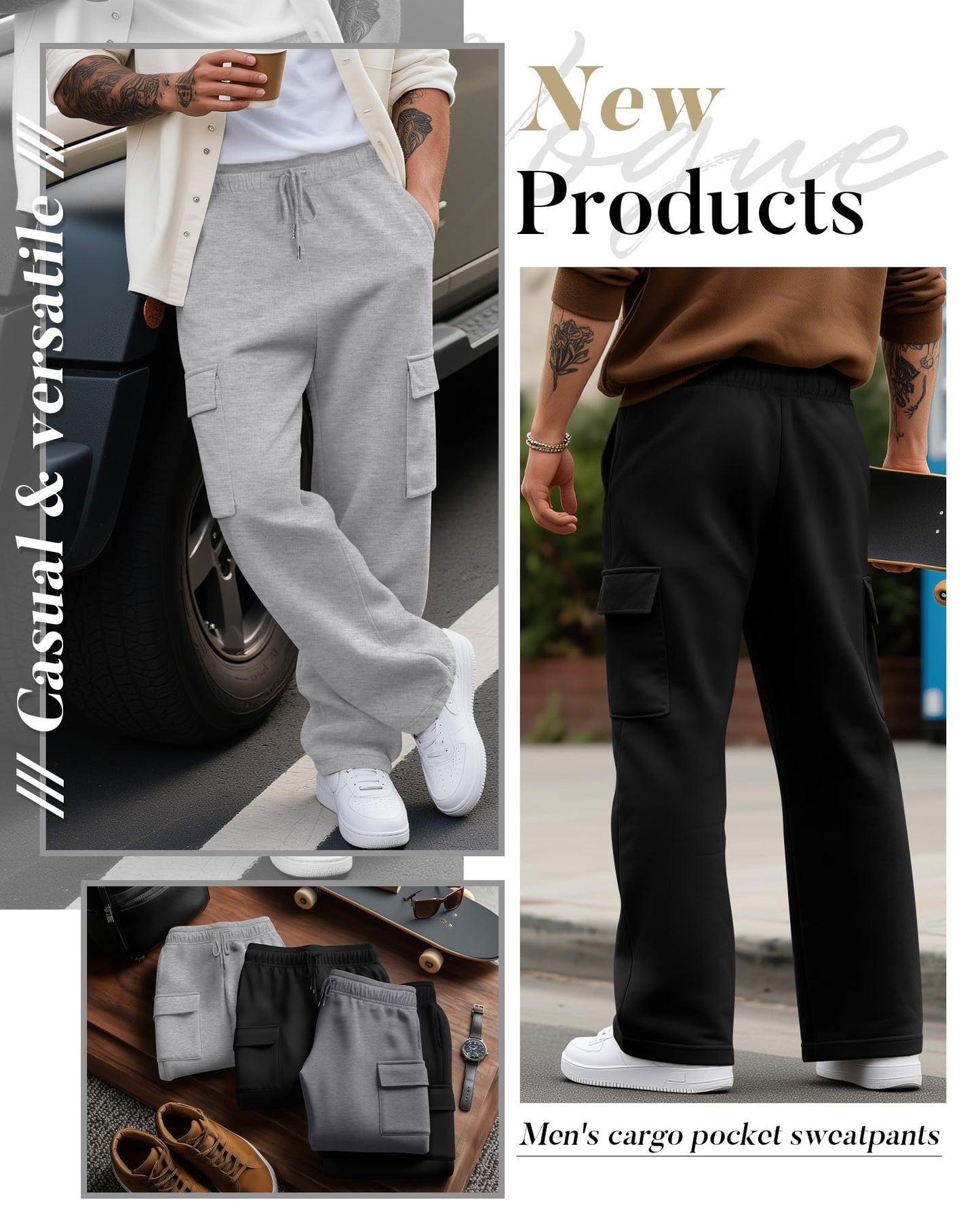 August Alley 3 Pack Men's Cargo Sweatpants Drawstring Thin Straight Leg Pants Casual Baggy Open Bottom Jogger with Pockets(Gray, Light Gray, Black,Medium)