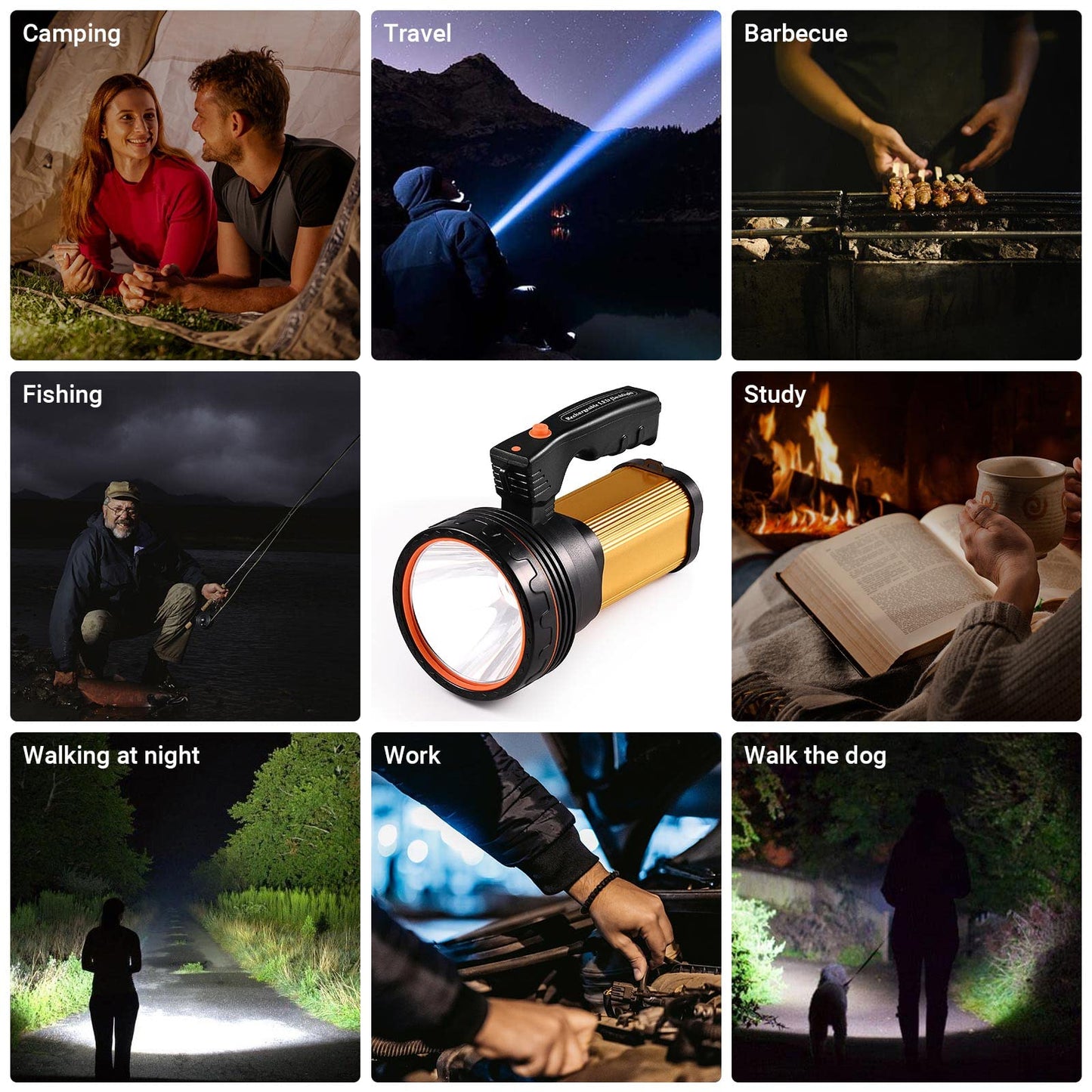 CSNDICE 100000LM High Lumens Rechargeable Spotlight Flashlight - 1600FT+ Long Beam Flashlight, IPX5 Waterproof Searchlight, 20H Standby, USB Power Bank, Shoulder Strap for Camping, Hiking, Emergency