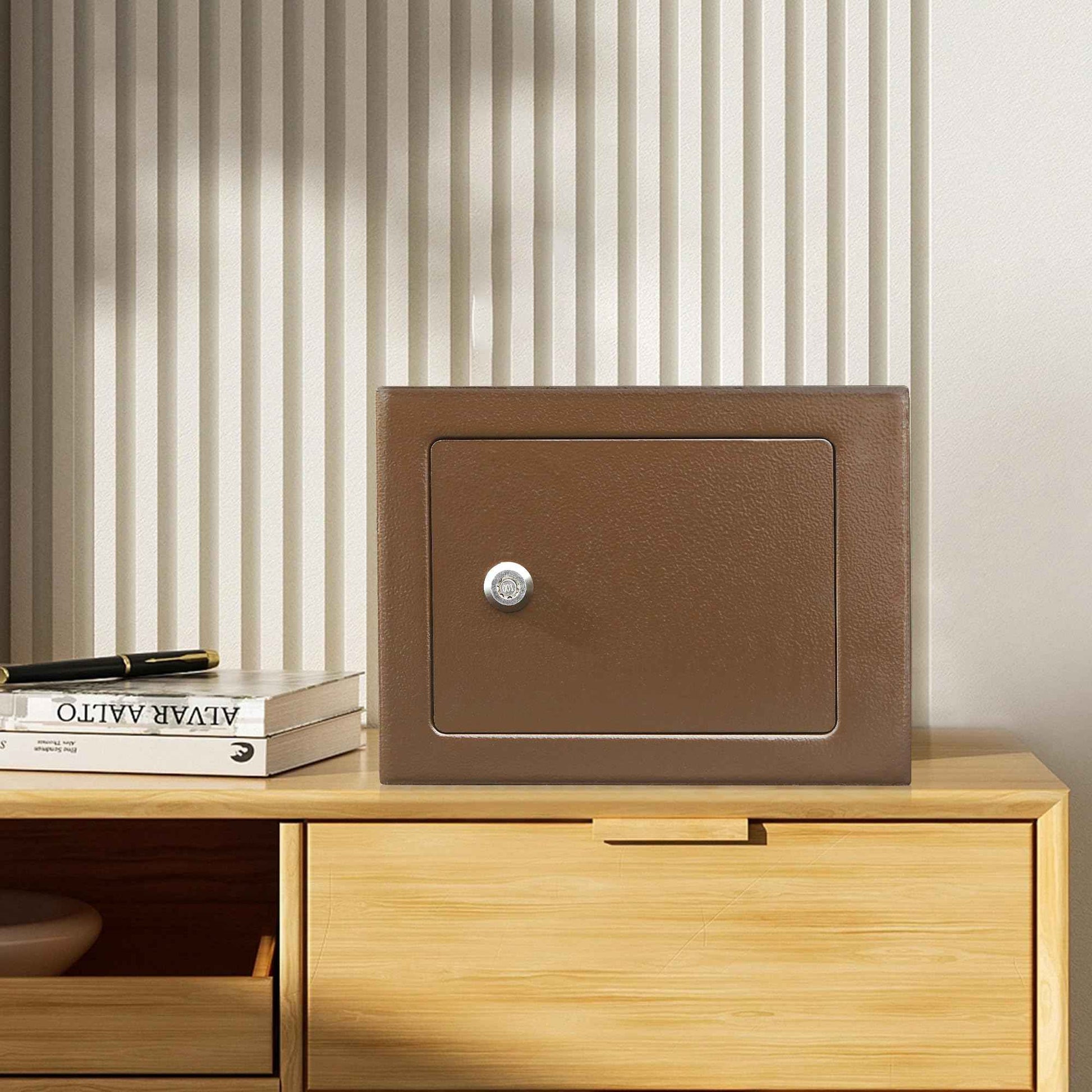 ELLAIG 0.24Cuft Small Safe Box Money Cash Safe Keys Gun Safe Mini Security Lock Safe Boxes for Coin Home Office Hotel Rooms Business Jewelry Gun 9.05 x 6.7 x 6.7 inches(Brown)