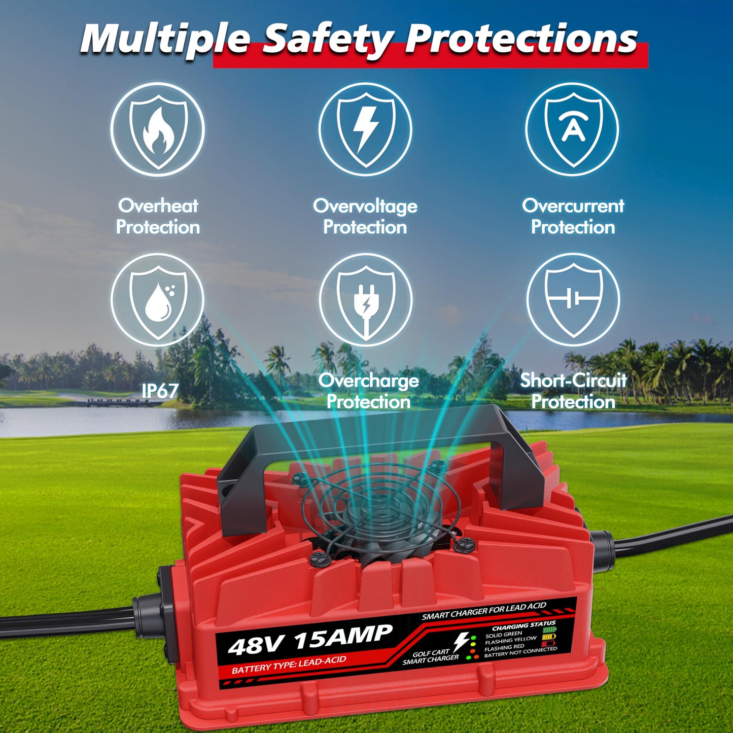 15 Amp 48 Volt Golf Cart Battery Charger for Club Car Precedent & DS - 3-Pin Round Plug, Smart Charger for Lead-Acid Batteries, IP67 Waterproof, Multi-Protection, Unique Design (Red)