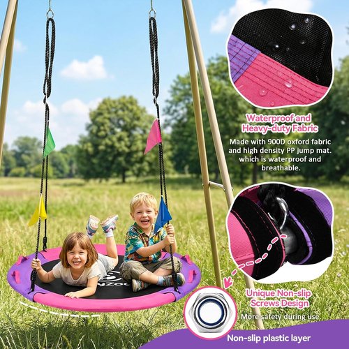 HeyZoo 43-Inch Saucer Swing - 900lbs Weight Capacity for Kids & Adults | 360° Swivel, Adjustable Strap, Pink & Purple