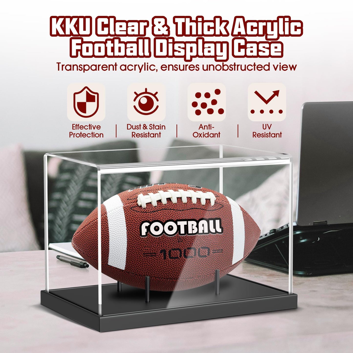 KKU Football Display Case, Acrylic Football Case with Wooden Base One-Piece Design, Autographed Football Holder for Football Fans & Collectors, Sports Collectibles, No Assembly Required - Black