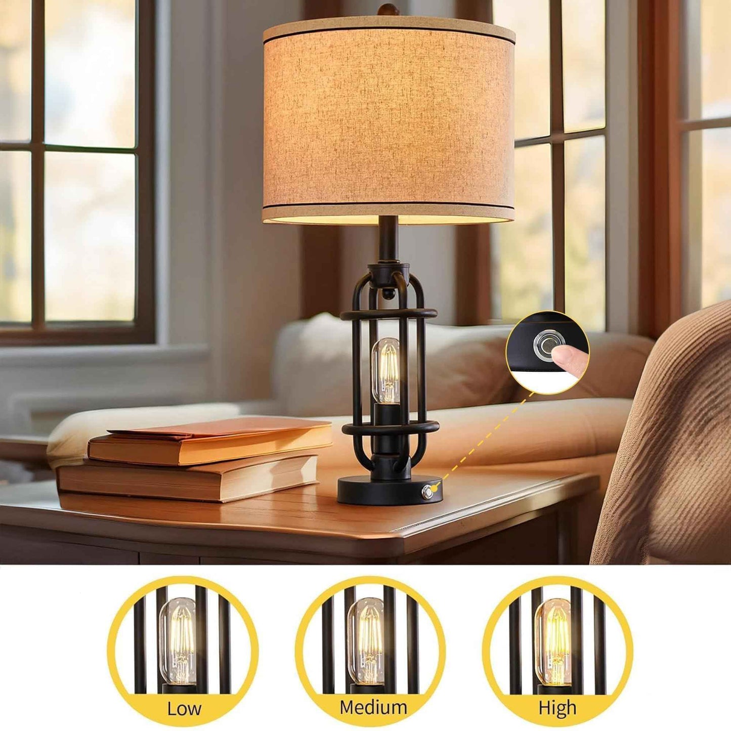 G-SAFAVA 23.75'' Industrial Black Metal Table Lamps Living Room Lamp for Nightstand Bedroom lamps Set of 2 Bedside End Side Table Lamps Home Decor Touch Lamp Modern Lamps With USB Port, Bulbs Included