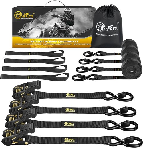 4Pcs Ratchet Tie Down Straps by [Brand Name] - 2400lb Break Strength | 1” x 16FT with Soft Loops & Safety S Hooks - Ideal for Trucks, Motorcycles, Moving & Appliances, Black