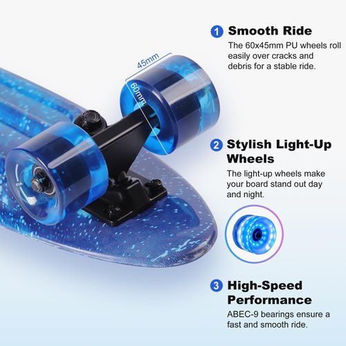 Kids Skateboard Set with Light-Up Wheels–Complete Beginner Kit Includes Full Protective Gear & Skate Tool–Ideal for Boys & Girls,Blue 22"