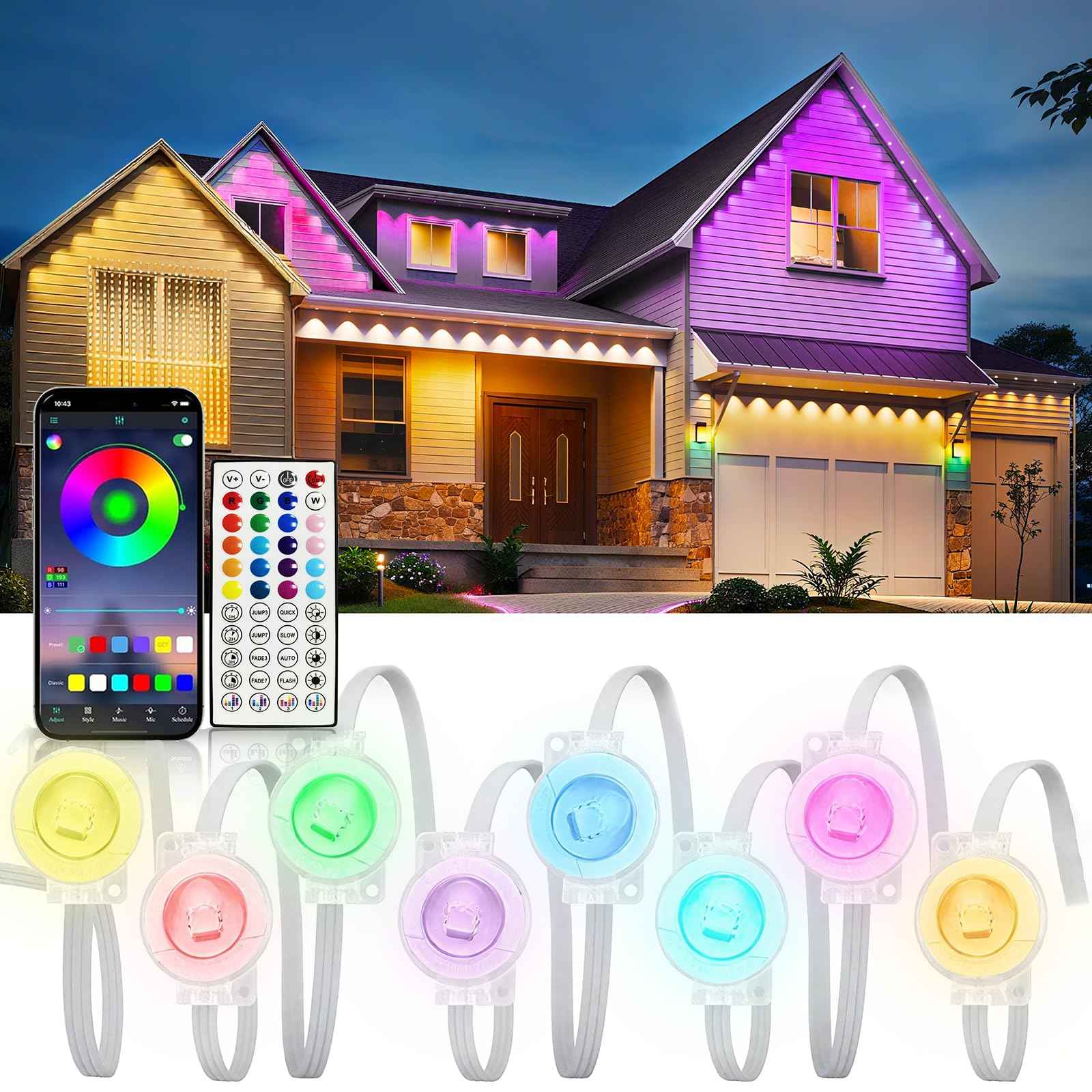 Permanent Outdoor Lights, 100FT RGB IP67 Waterproof Eaves Lighting, Smart LED Outside House Lights with App/Remote Control for Halloween, Christmas Decor, Holiday, Party, Daily, All Year-Round