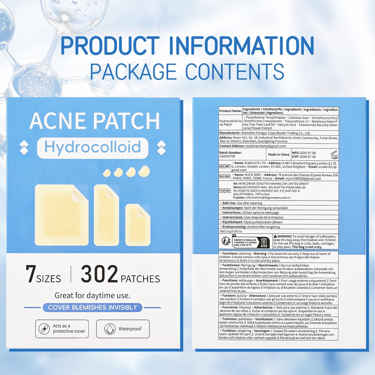 Large Pimple Patches for Face, 7 Sizes XL Acne Patches Big Hydrocolloid Bandages for Body, Chin, Forehead, Chest, Back Zit Breakouts (Strip, Square, Round 302 Count)