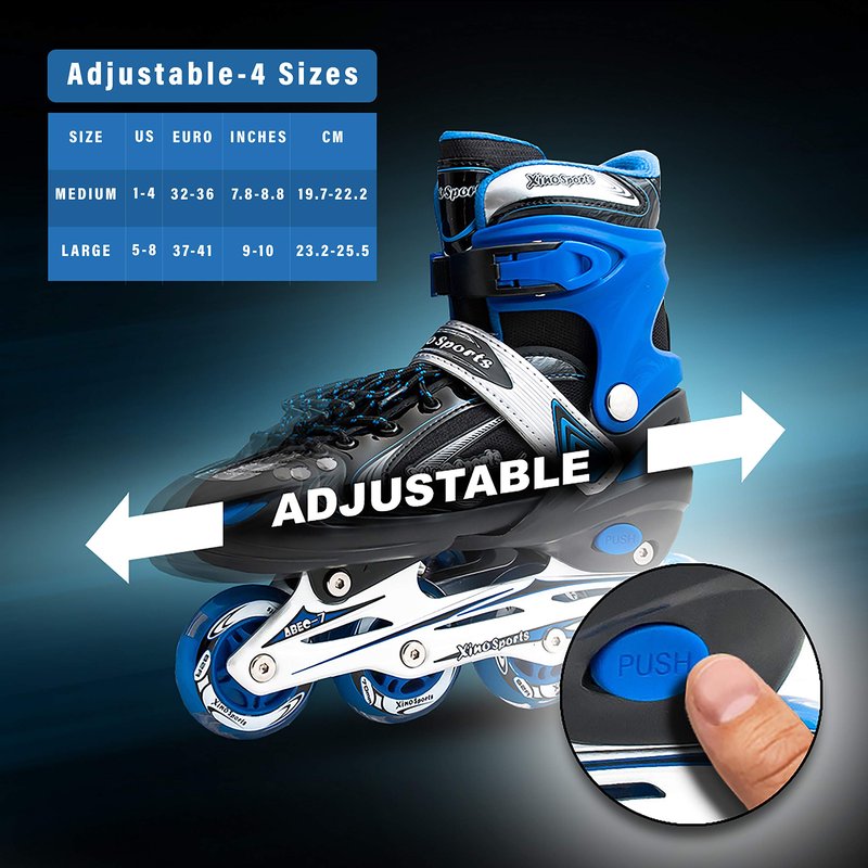 XINO SPORTS Adjustable Inline Skates for Boys and Girls - Pro Quality - Beginner Friendly with Illuminating LED Light-Up Wheels, for Indoor and Outdoor Skating (Blue, Large 5-8)