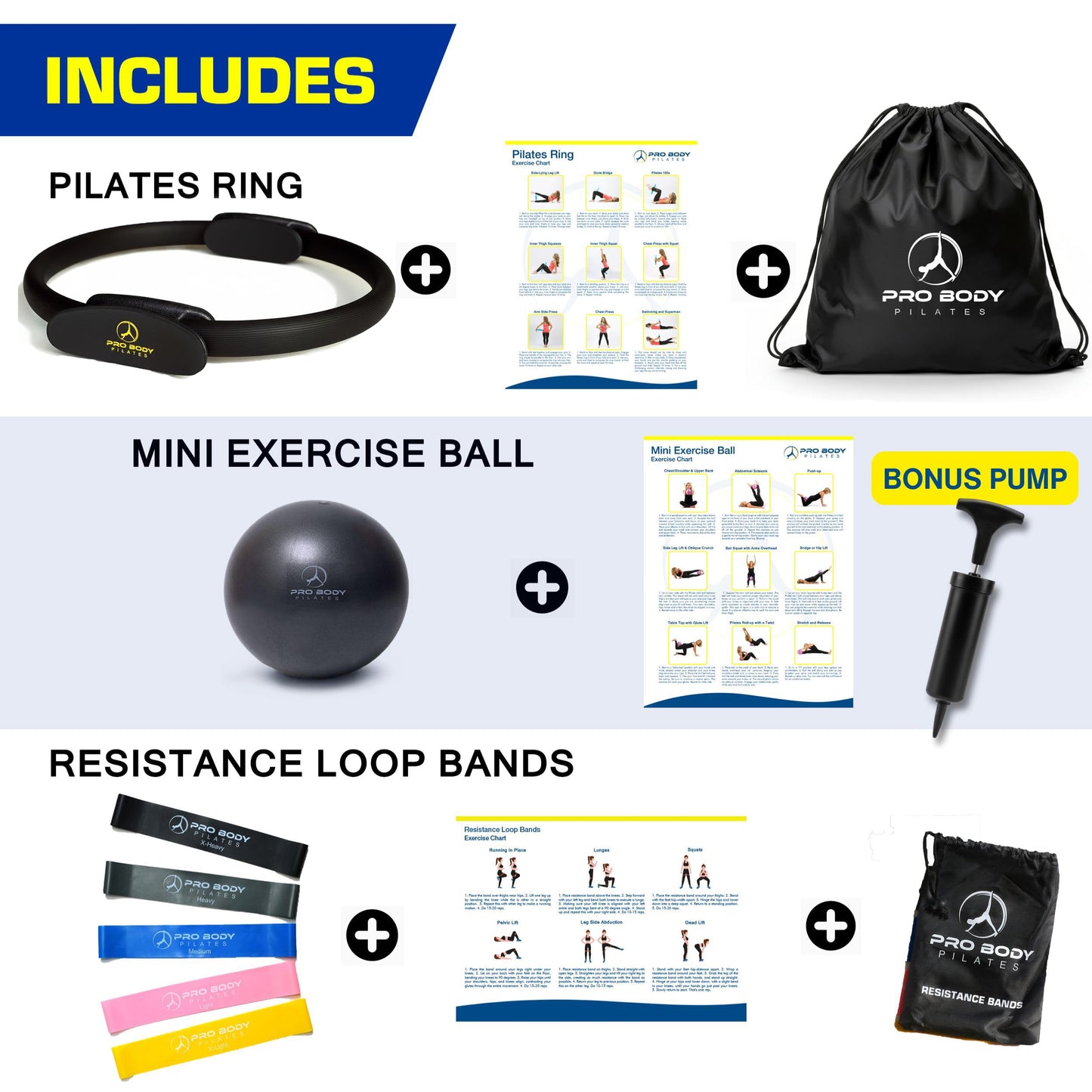 ProBody Pilates Kit — 14 Inch Magic Circle Pilates Ring, 9 Inch Exercise Ball, 5 Resistance Bands & Pump for At-Home Core, Glutes & Inner Thighs | Pilates Equipment for Home Workouts (Black)