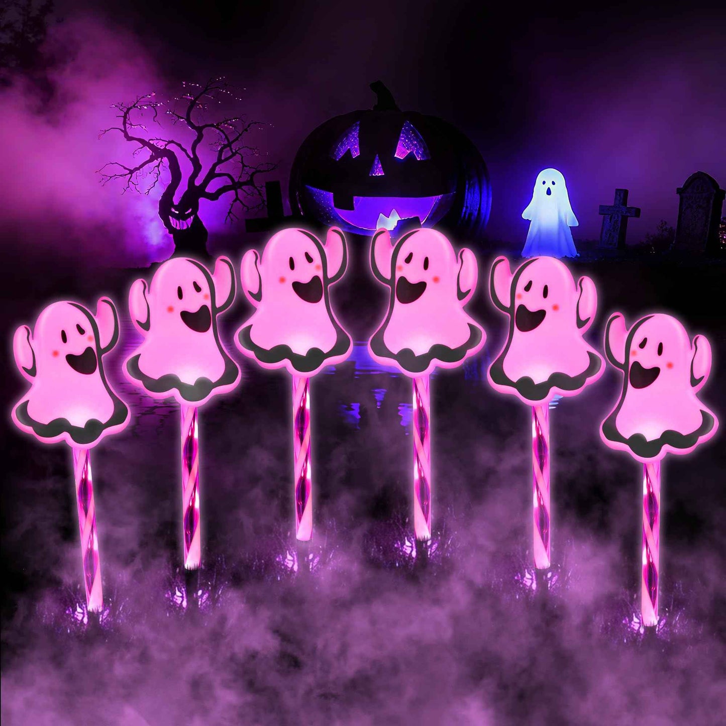6 in 1 Halloween Ghost Pathway Light, 6 Pack Ghost Stake Lights with Pink LED, Waterproof Outdoor Decoration Ghosts Pathway Marker Lights for Lawn Walkway Yard Garden Party Decor