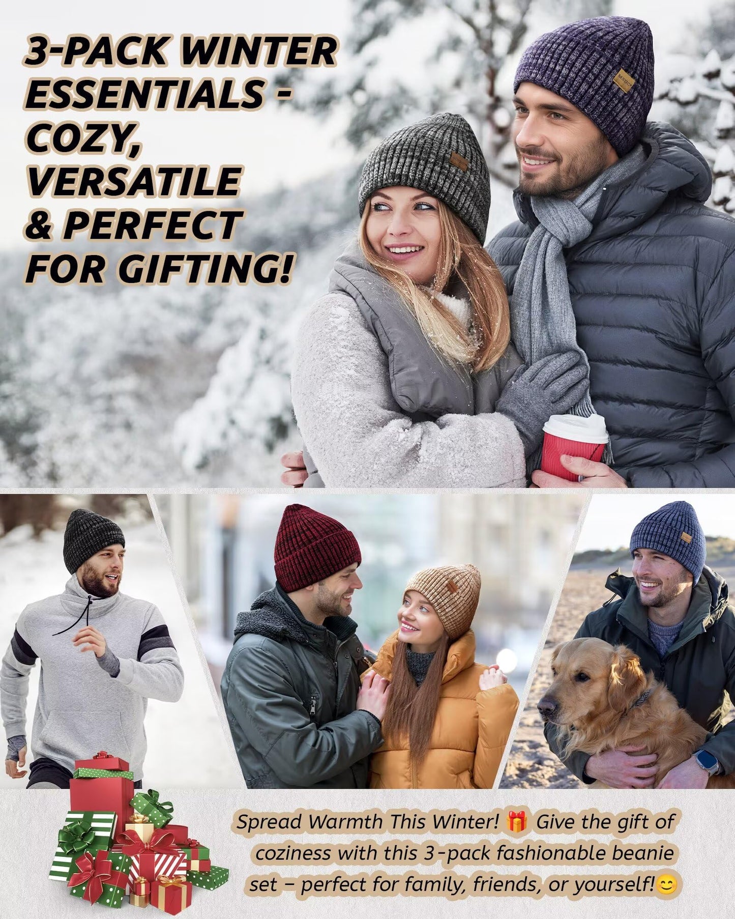 MSDC 3 Pack Winter Hats for Men, Warm Fleece Lined Beanie for Men Women, Soft Thermal Cable Knit Hat Fashionable Cuffed Skull Cap for Cold Weather-01