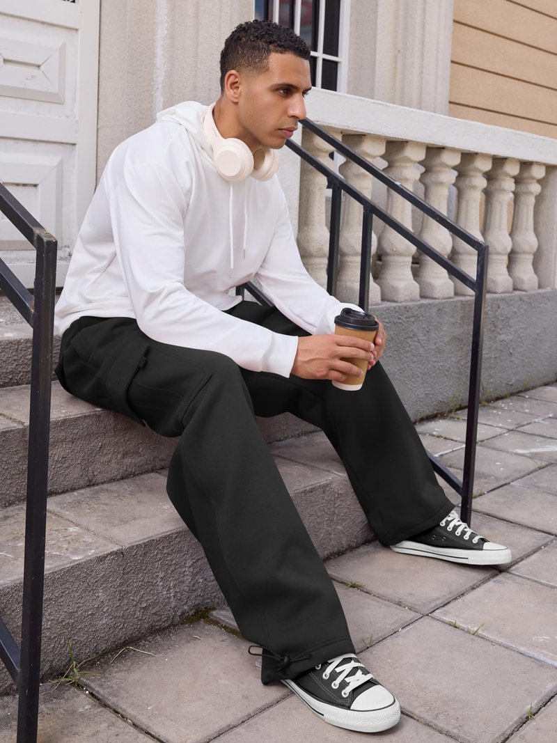 Men's Heavyweight Fleece Cargo Sweatpants Loose Fit Thick Wide Leg Sweats with Pockets(Black,XL)