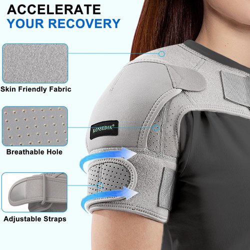 KONSEDIK Compression Recovery Shoulder Brace Immobilizer for Torn Rotator Cuff,AC Joint Pain Relief,Dislocation,Arm Stability,Injuries,Tears,Adjustable Fit Supports for Men&Women(Gray, Medium)