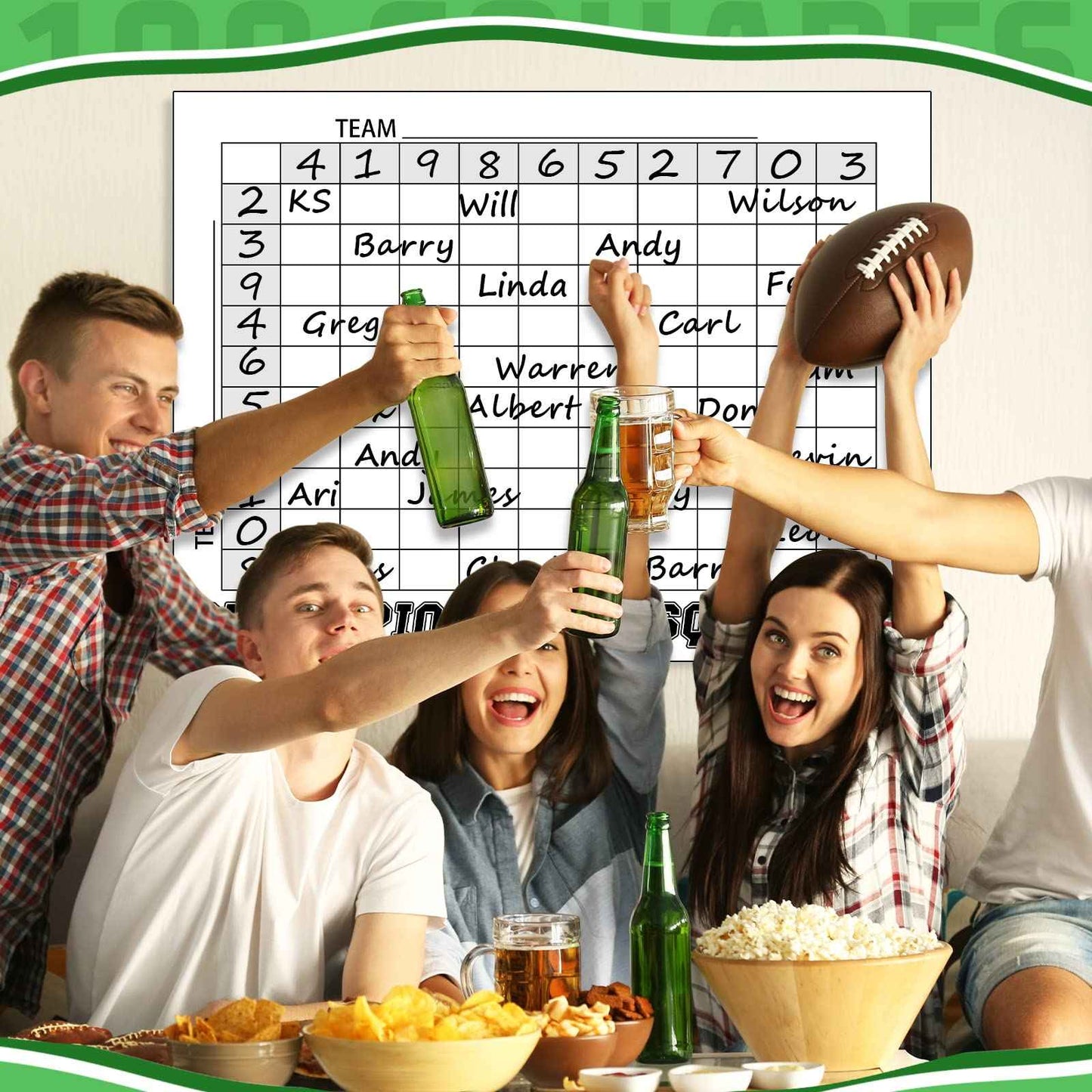 100 Football Squares Board Dry Erase Office Pool Game Set - 24 x 36 Inch Score Record Poster with Dry Erase Pen and Cleaning Cloth, Ideal for Sport Party Decorations