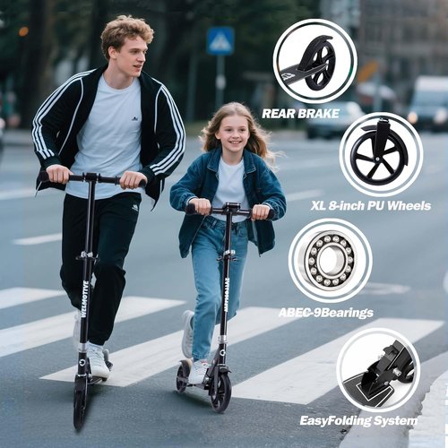 Kick Scooter - Adjustable Handlebars & Rear Brake | Big Wheel Foldable for Kids 6+ & Teens