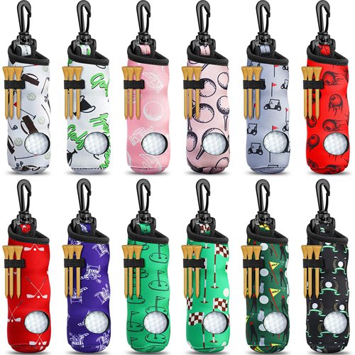 Jerify 12 Pieces Golf Ball Holder Soft Carry Bag with Tee Holder Keychain Belt Clip Hook Portable Golf Accessories for Women Ladies Golfer Pouch Gifts, 12 Styles