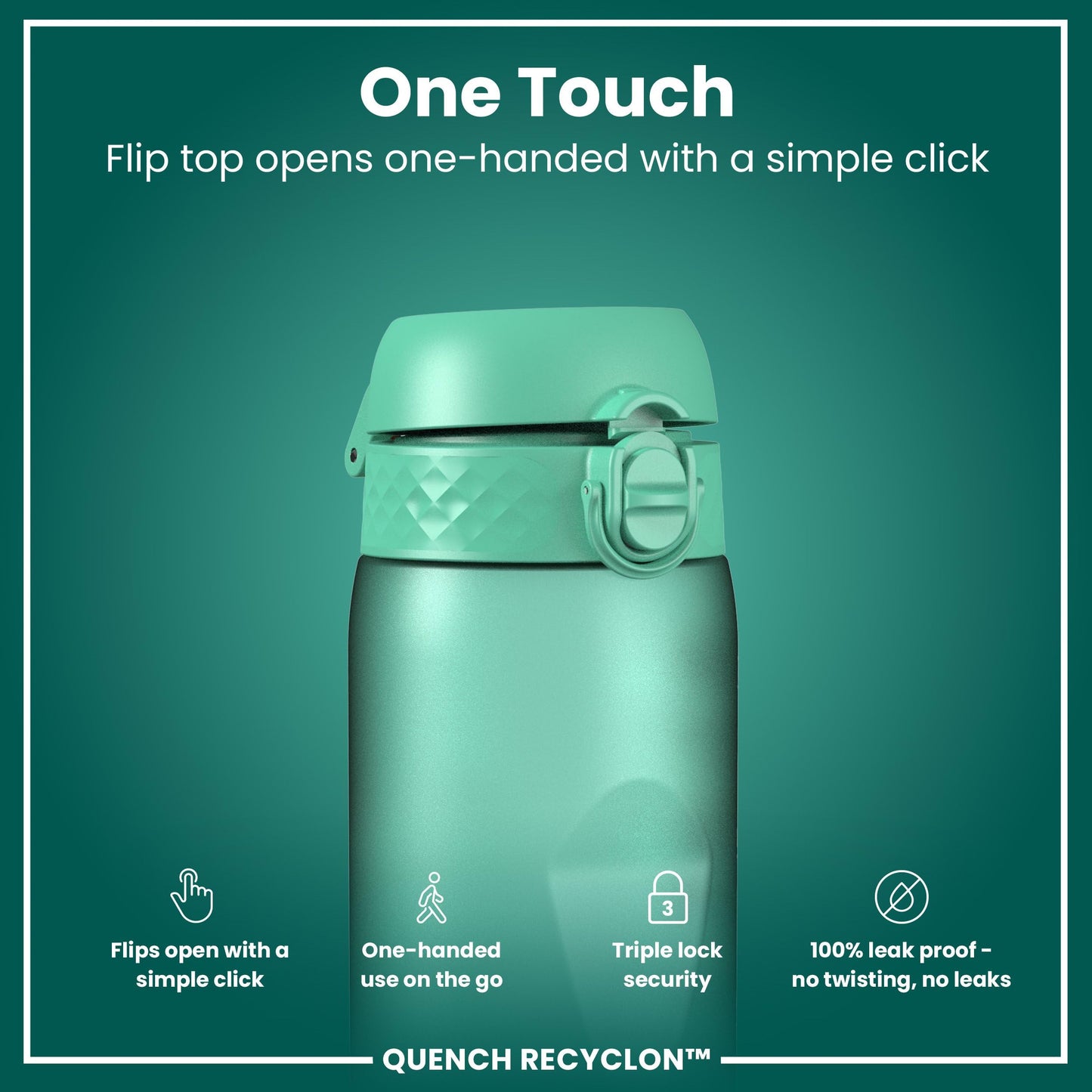 Ion8 1 Litre Water Bottle with Times to Drink, Leak Proof, Flip Lid, Carry Handle, Dishwasher Safe, BPA Free, Soft Touch Contoured Grip, Ideal for Gym, Health and Fitness, 32 oz, Teal