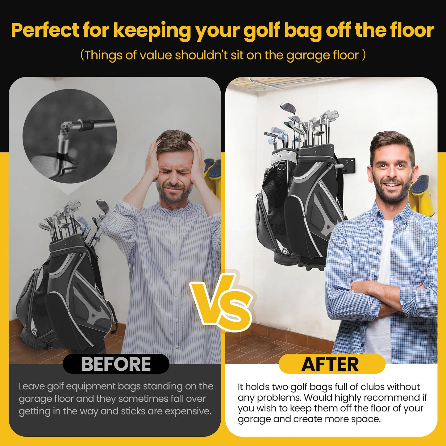 Chenteel Golf Bag Storage Rack for Garage Wall Mount,Golf Bag Garage Organizer,Golf Club Rack for Garage,Golf Bag Hanger/Holder/Hook,Golf Storage System & Accessories (2 Pack)