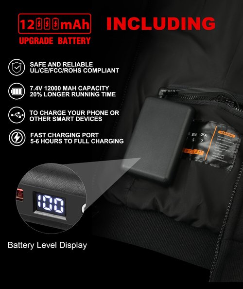 Qdreclod Heated Hoodie for Men Women with Battery Pack 7.4V 12000mAh, Hooded Heated Sweatshirts with 6 Heating Zones (US, Alpha, XXX-Large, Regular, Regular, Bright black)