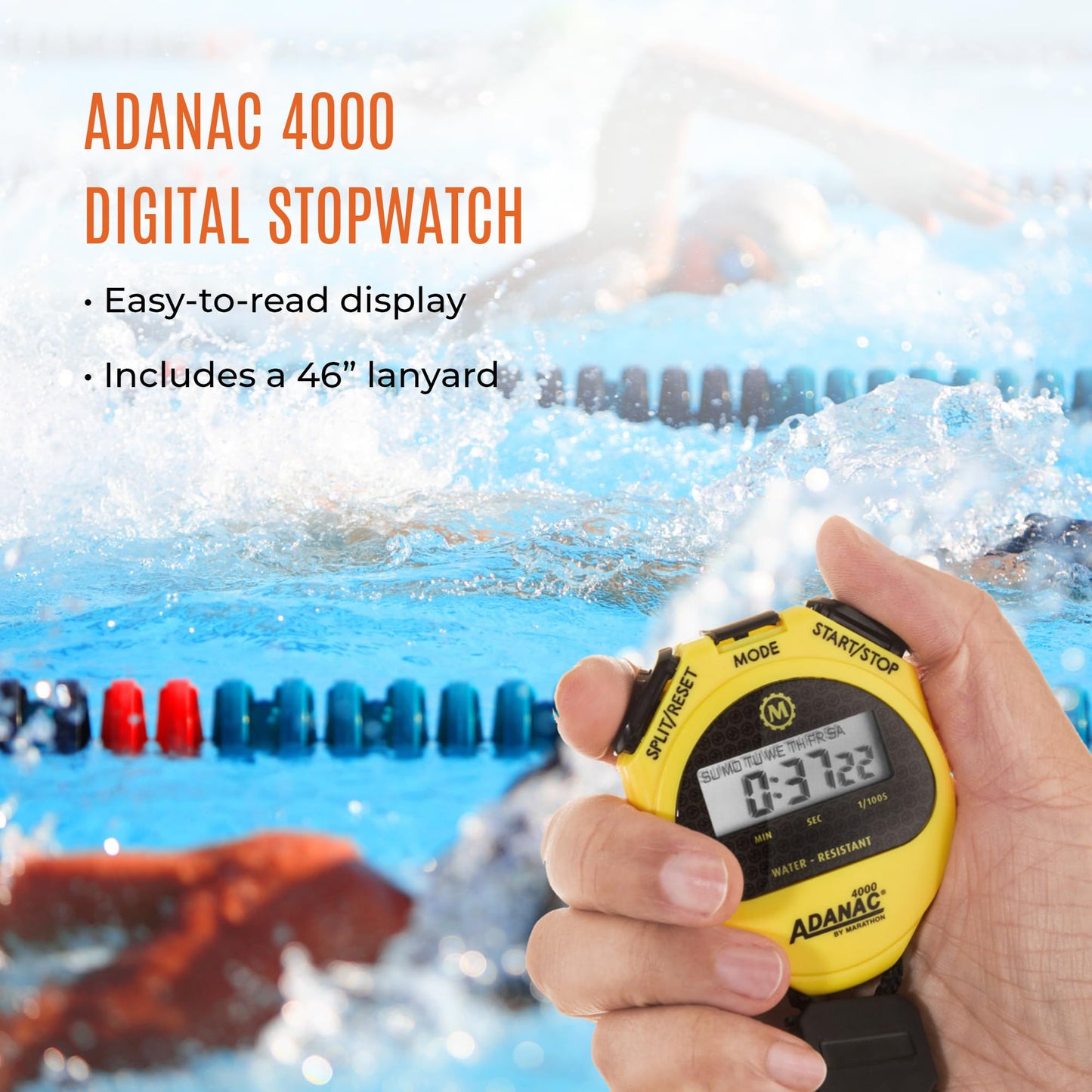 Marathon Adanac 4000 Digital Stopwatch Timer, Yellow - High Precision Accuracy to 1/100th Seconds - Water, Dust & Shock Resistant - 46” Lanyard Included