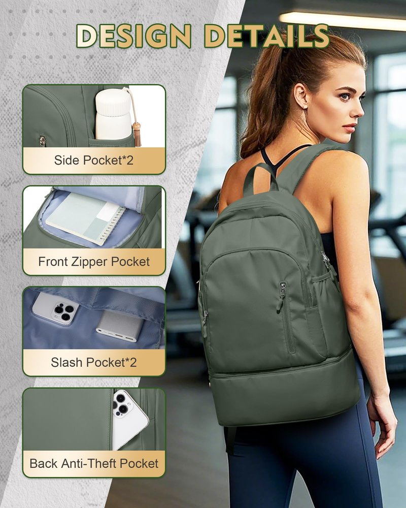 VENATIN Gym Backpack for Women Men, Lightweight Gym Bag with Shoe Compartment, Waterproof Sports Backpack with Wet Pocket, Green