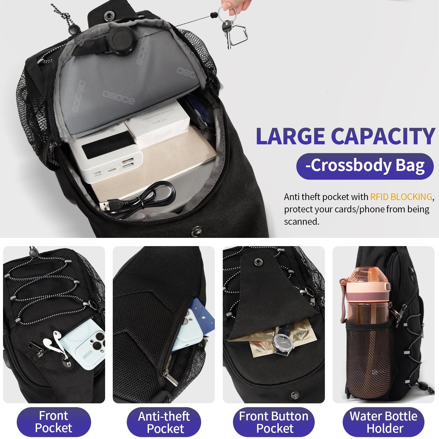 OSOCE Anti Theft Sling Bag RFID Blocking Crossbody Chest Bag for Men Women Water Resistant Travel Fits 9.7" iPad