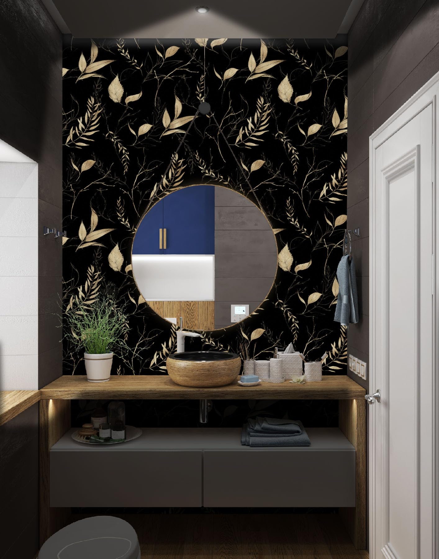 Akodm Black and Champagne Gold Leaf Wallpaper Peel and Stick Botanical Vintage Contact Paper for Cabinets Drawers Bathroom Removable Self Adhesive Thick Vinyl Waterproof Luxury Wallpaper 17.7"x70.8"