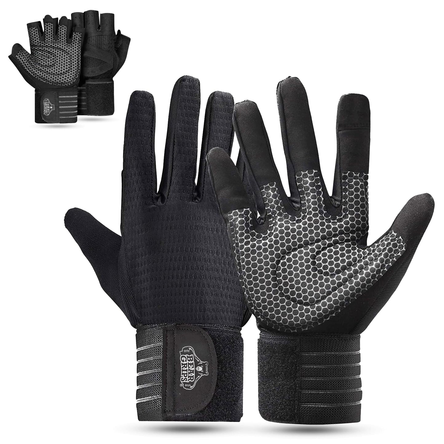 Bear Grips Weight Lifting Armor Gloves for Men & Women | Full Finger Lifting Armor & Workout Gloves (Black-Full Finger, Large)